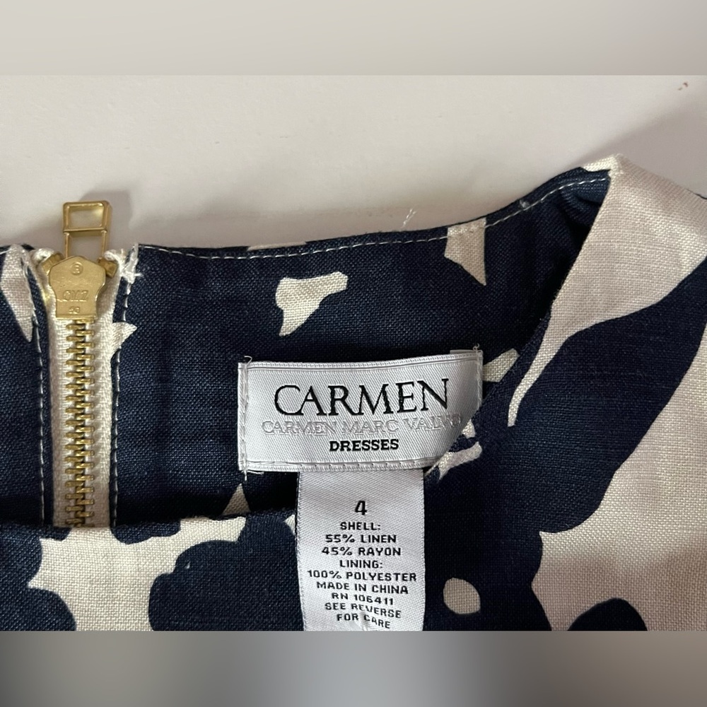 Women’s Carmen MarcValvo sleeveless linen shift dress navy & white floral 4 - Picture 2 of 7